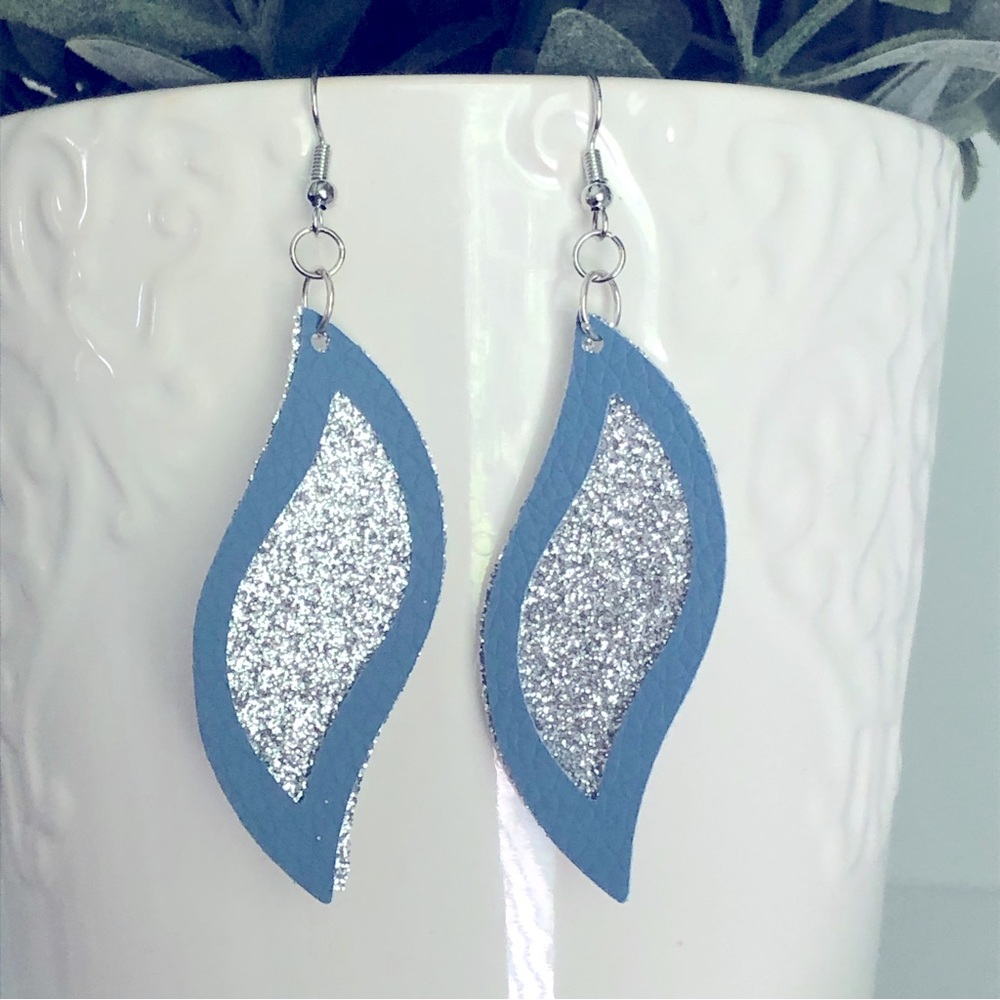 New Sparkling Faux Leather Dangling Layered Glitter Sparkling Earrings Blue